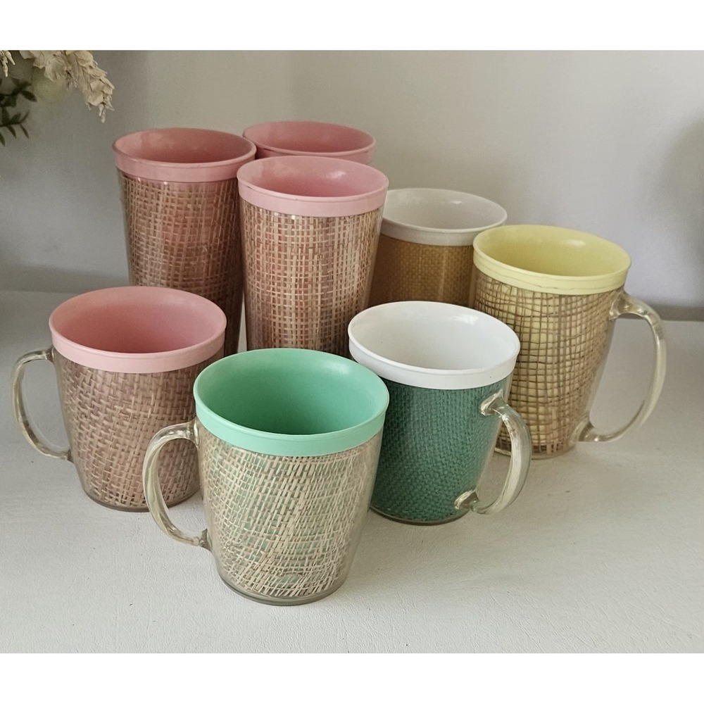 Vintage Burlap Raffiaware Yellow Green Pink Glasses & Cups